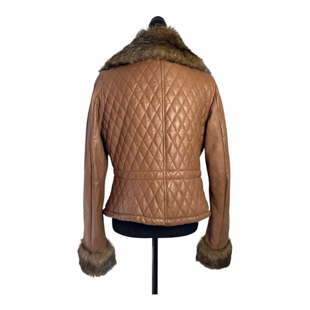 Arden B 100% Leather Quilted Faux Fur Trim Jacket Size L Camel Brown Y2K - Picture 5 of 9